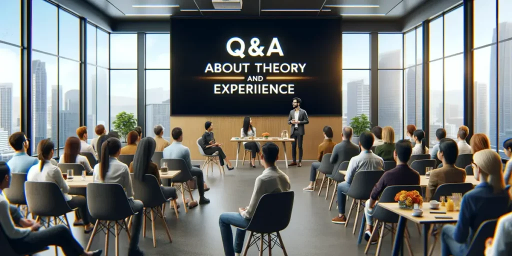 A Q&A session about theory and experience, featuring a modern conference room setting with a large screen displaying 'Q&A about Theory and Experience'