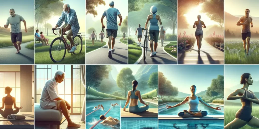 A collage showcasing a variety of regular physical activities that contribute to longevity. The scene includes an older adult briskly walking in a par