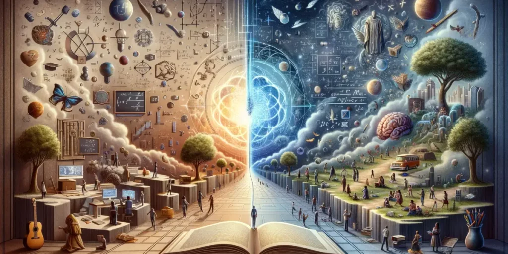 A conceptual artwork depicting the dual teachers of life_ theory and experience. On one side of the image, there's a representation of theory, symboli