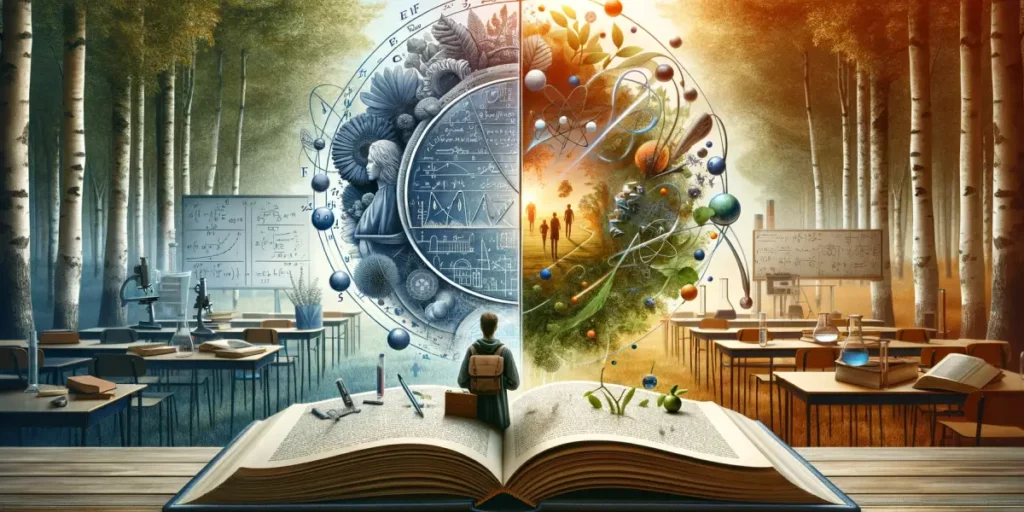 A conceptual image representing the harmonious blend of theory and experience. On one side, there's an open book symbolizing theory, filled with diagr