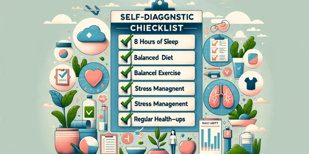 A detailed and visually engaging checklist infographic titled 'Self-Diagnostic Checklist for Building Healthy Habits' with checkboxes next to illustra