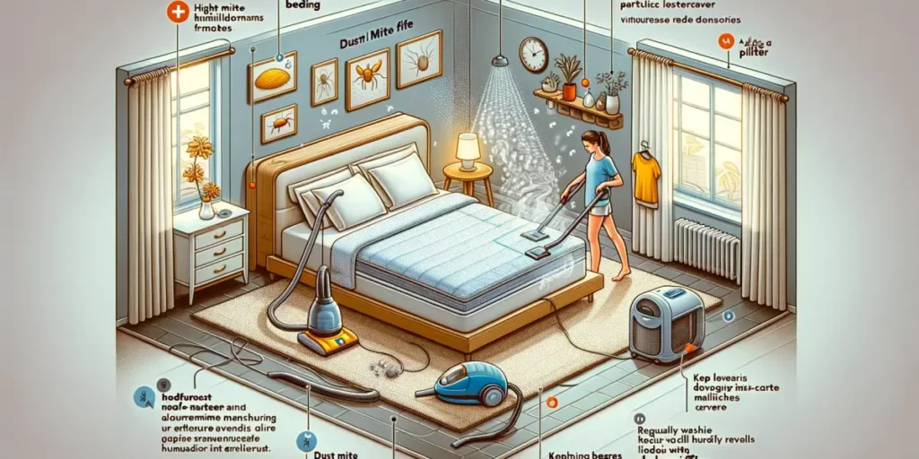 A detailed illustration of strategies for preventing dust mite allergies in a home setting. The image features a bedroom with hypoallergenic bedding,
