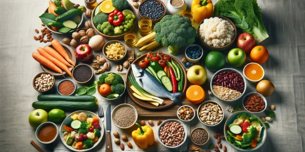 A diverse and balanced diet spread on a table, including a variety of vegetables and fruits rich in antioxidants and essential nutrients, fish, beans,