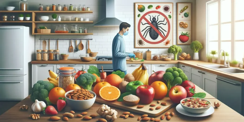 A kitchen scene focusing on dietary habits that help prevent house dust mite allergies. The kitchen is modern and well-organized, with a variety of fo
