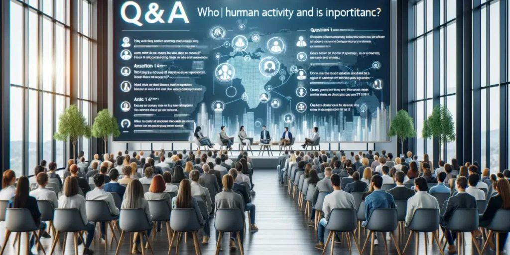 A modern and interactive Q&A session related to the theme of human activity and its importance. The scene is set in a well-lit, spacious conference ro