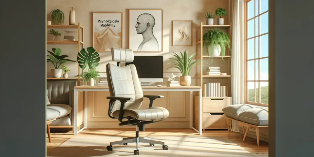 A modern home office designed to emphasize psychological stability and well-being, featuring ergonomic furniture. The space is filled with natural lig