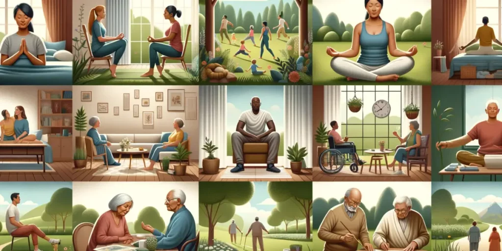 A peaceful and serene image depicting various activities related to maintaining mental health for longevity. The scene includes people of different ag