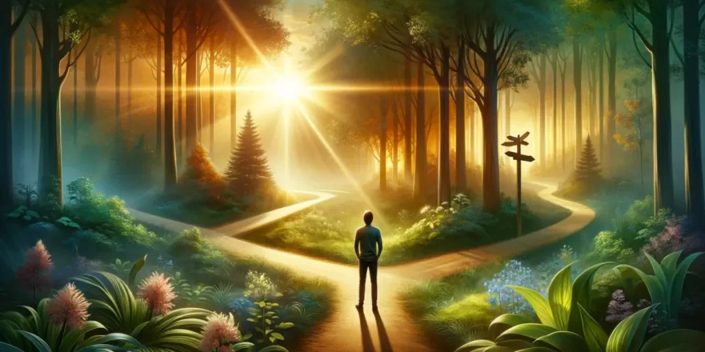 A serene and inspiring image symbolizing the journey of finding one's path in life. It features a person standing at a crossroads in a beautiful, sunl