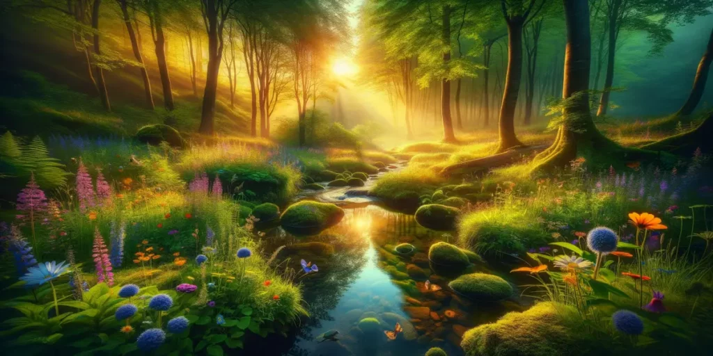A serene and tranquil scene that captures the essence of life's hidden beauty. The image is set in a lush, vibrant forest clearing at dawn. Sunlight g