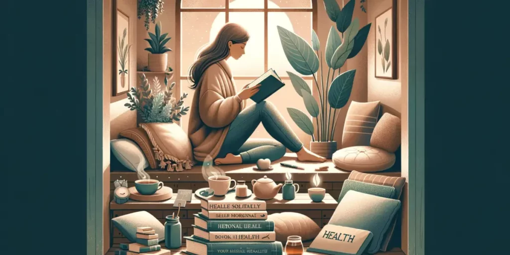 A serene illustration showcasing the practice of self-care and wellness. This image should feature an individual in a tranquil indoor setting, partici