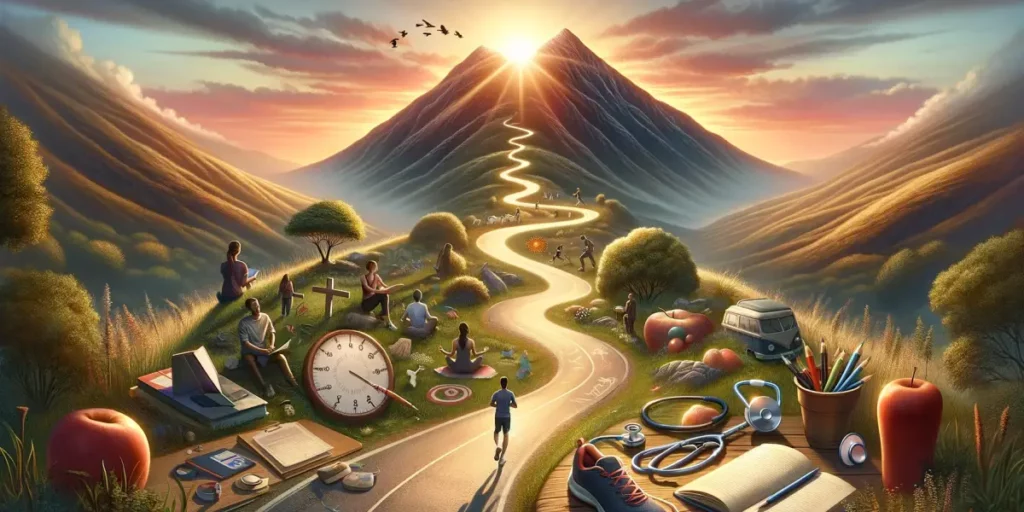 A serene landscape depicting a person's journey towards self-fulfillment. The scene includes a winding path leading up to a sunlit mountain peak. Alon