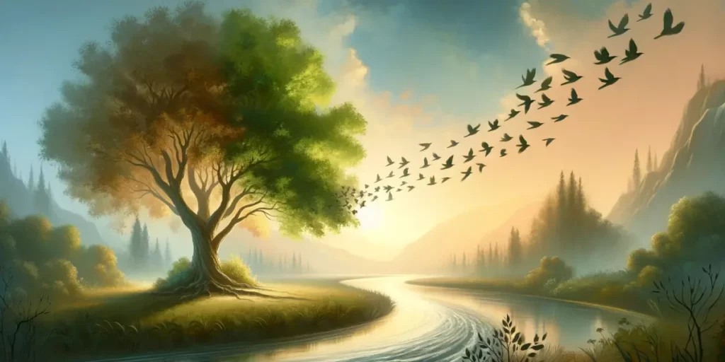 A serene landscape depicting a theme of 'embracing change'. The scene includes a large tree in the center, its leaves transitioning from lush green to
