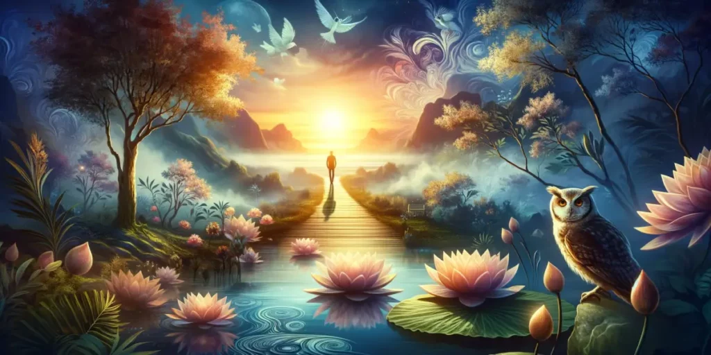 A serene landscape that visualizes the concept of inner strength and intuition, with a pathway leading towards a horizon lit by a sunrise, symbolizing