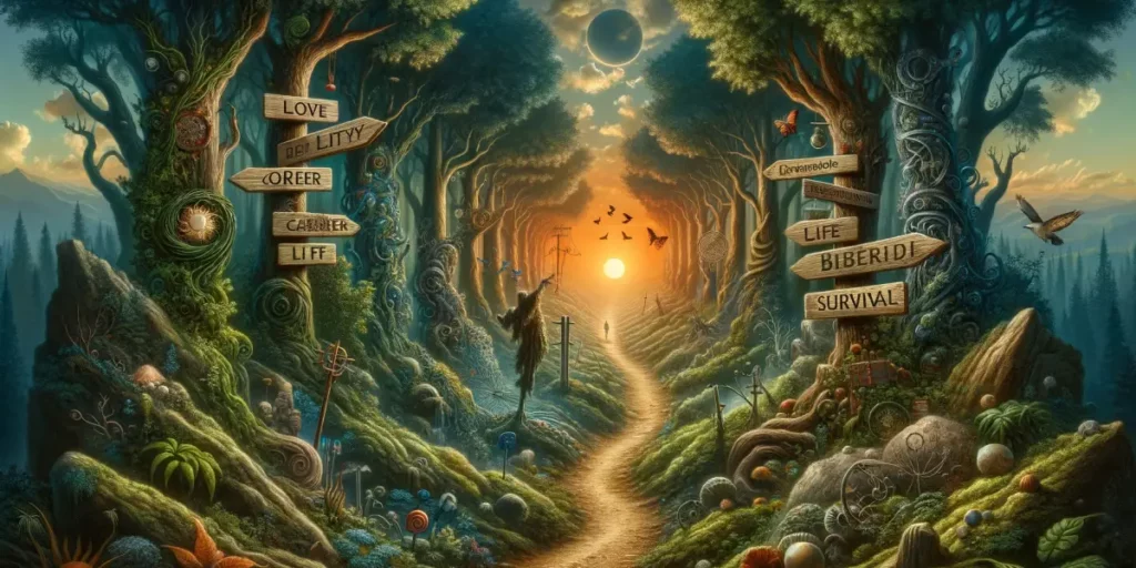 A symbolic image depicting the concept of 'Life's Direction and Basic Survival.' The image shows a rugged path through a dense, mystical forest, symbo