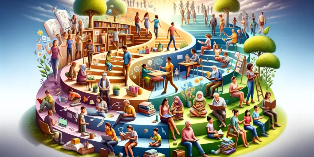 A symbolic representation of different stages of learning and growth in life. The image features a diverse group of people of various ages, ethnicitie