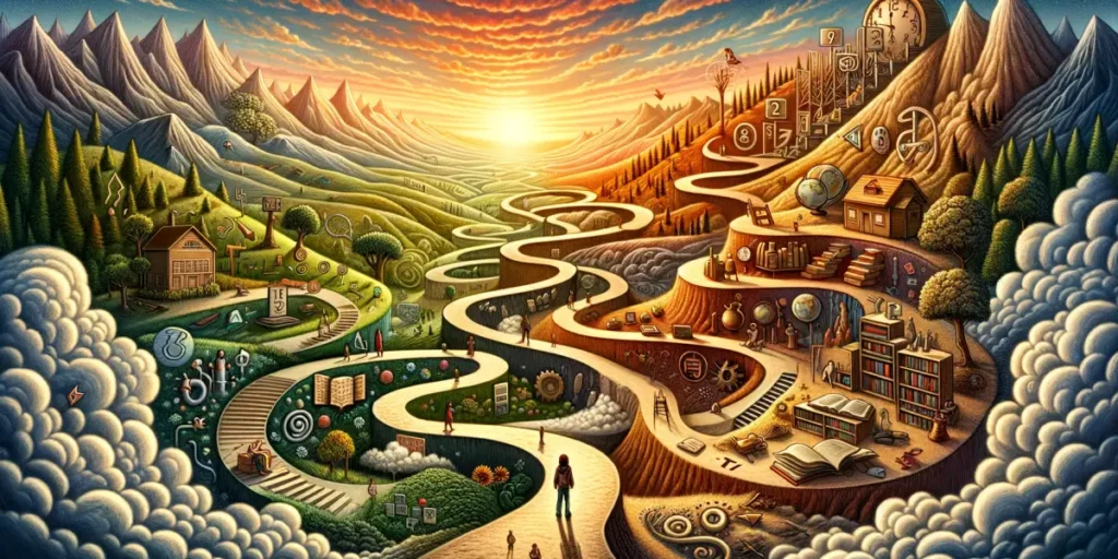 A symbolic representation of the journey of understanding and growth in life. The image depicts a path winding through various landscapes, representin