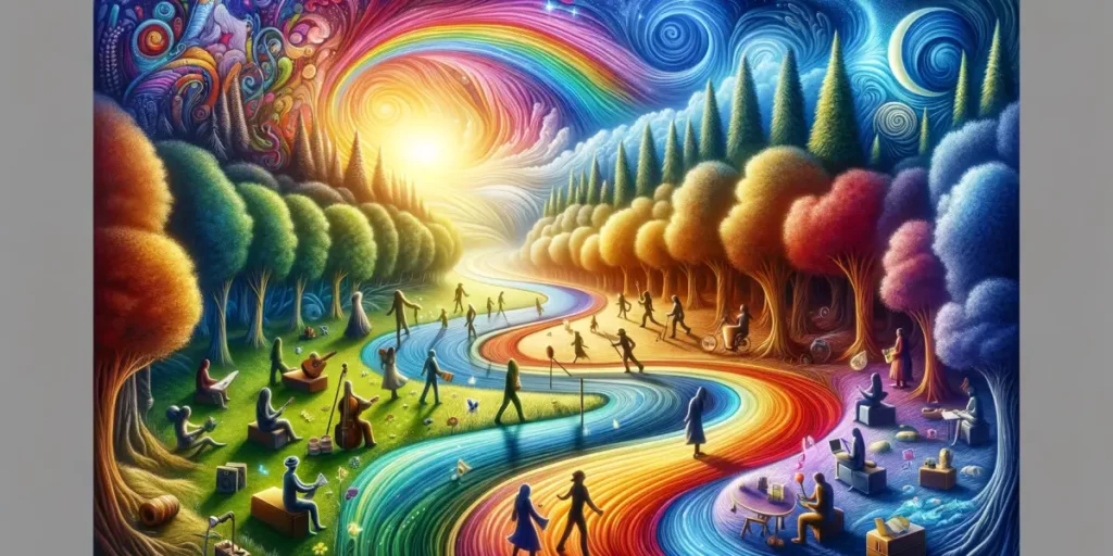 A thought-provoking and colorful image that represents the journey of finding one's unique identity. The image shows a winding path through a mystical