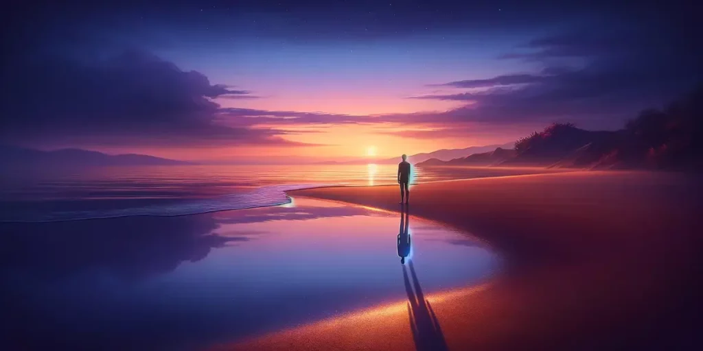A tranquil scene illustrating the theme of 'self-reflection'. The setting is a quiet beach at twilight, with soft purple and orange hues in the sky. T