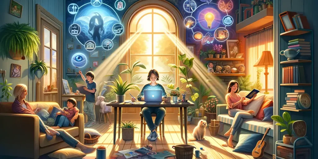 A vibrant digital painting of a person sitting in a cozy home office, surrounded by symbols of various hobbies such as painting, writing, and garde