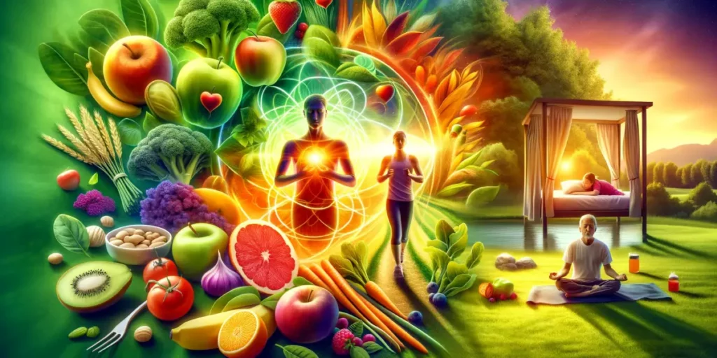 A vibrant, harmonious image symbolizing a healthy lifestyle. In the center, a person with a balanced diet, surrounded by a variety of colorful fruits