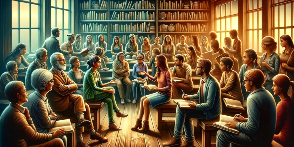 A visually captivating and memorable image symbolizing empathy and growth in learning. The scene depicts individuals of different ages and backgrounds