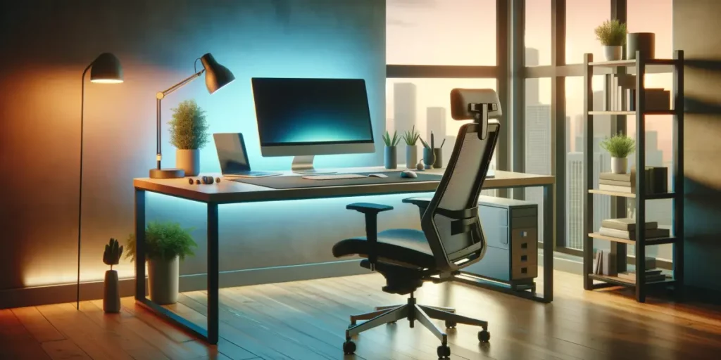 A wide image depicting a modern ergonomic workspace designed for long hours of use. The scene includes a spacious desk with an adjustable ergonomic ch