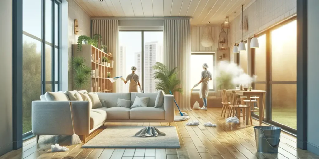 A wide image depicting strategies for a healthy lifestyle and prevention of house dust mite allergies. The scene shows a living room with allergy-frie