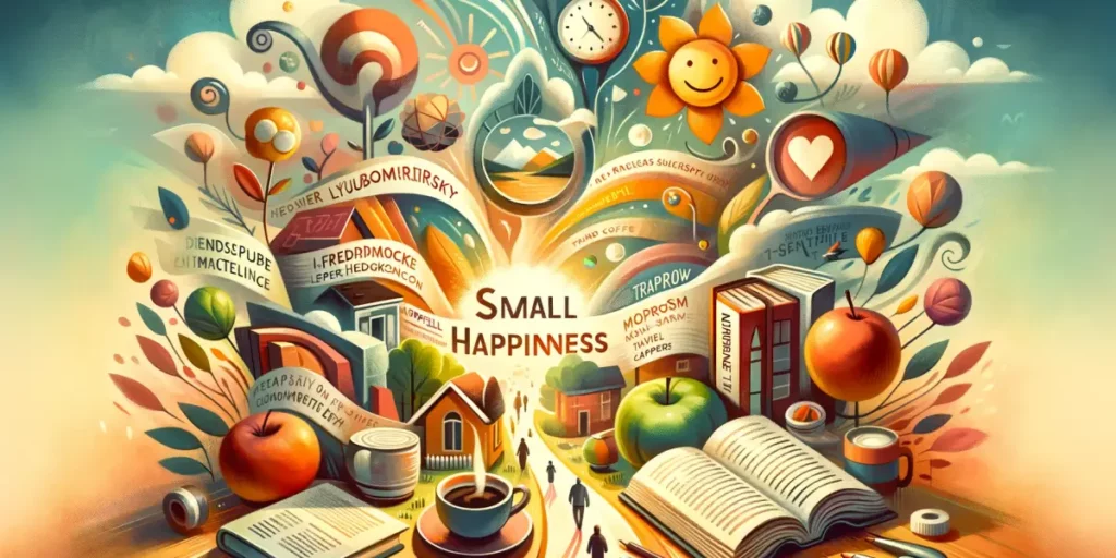 An abstract illustration representing the concept of small happiness in daily life, featuring various everyday objects and activities that people find