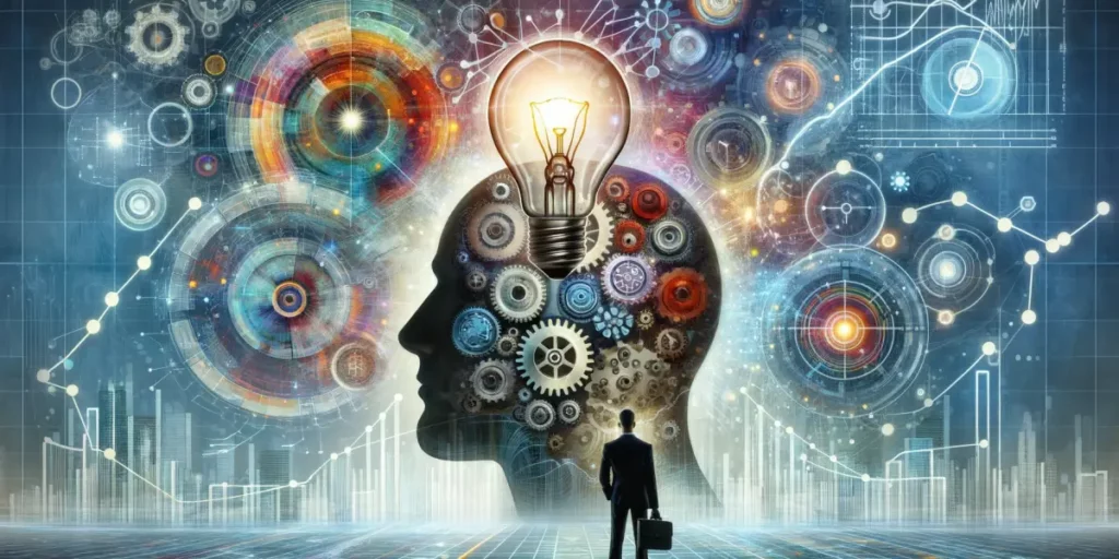 An abstract representation of practical use of intuition and insight, featuring symbolic elements such as a light bulb, an open mind-brain interface w