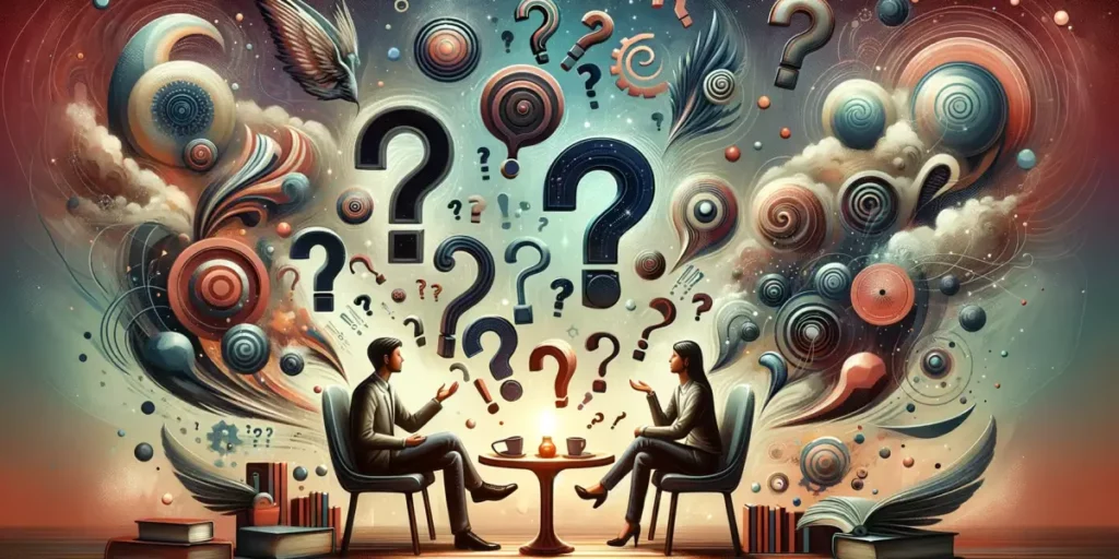 An artistic interpretation of questions and answers regarding intuition and insight, visualized as a series of floating question marks and exclamation
