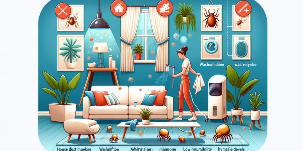 An educational visual focused on combating house dust mite allergies. This image features a living room scene emphasizing allergy prevention. Key elem