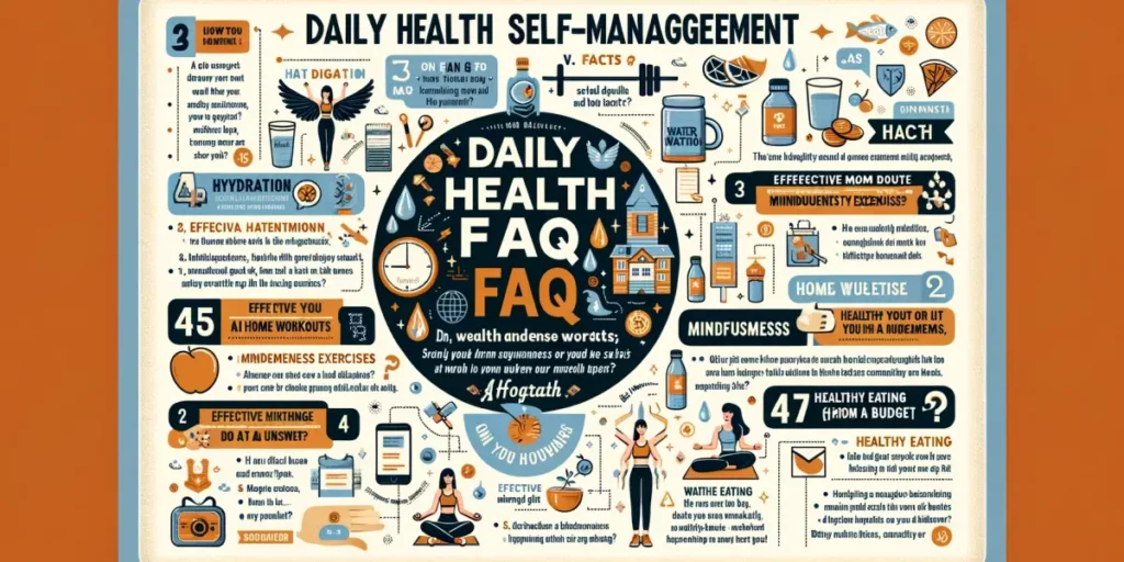 An engaging Q&A infographic titled 'Daily Health Self-Management FAQ' with a series of health-related questions and infographic answers. It should inc