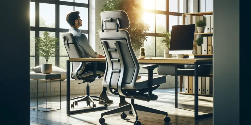 An ergonomic chair in a modern office setting, emphasizing its health benefits. The chair is designed with advanced lumbar support, adjustable armrest