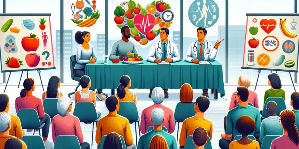 An illustration depicting a Q&A session focused on healthy living habits for longevity. The image shows a panel of diverse experts, including a nutrit