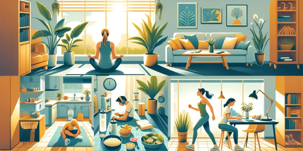 An illustration of a person doing self-health care at home, featuring a peaceful and well-organized living space. The scene includes a person meditati