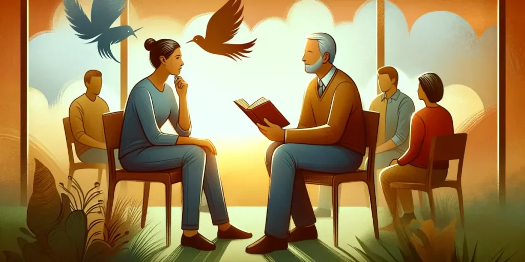 An illustration symbolizing understanding and patience in communication. The scene includes two individuals of different backgrounds. One person, appe
