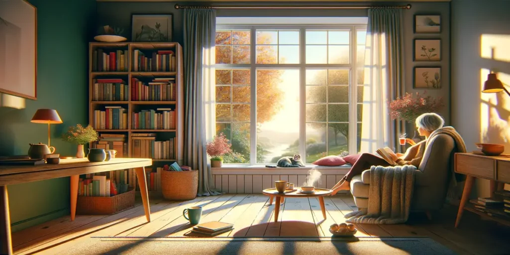 An image capturing the essence of finding joy in the little things in life. Visualize a cozy, sunlit living room with a person lounging on a comfortab