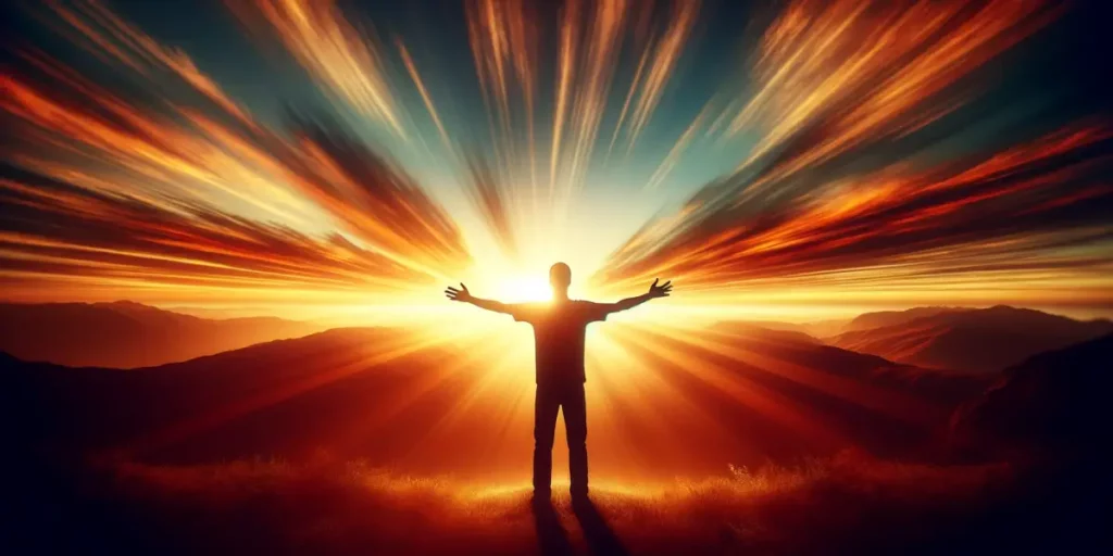 An image capturing the powerful emotion of gratitude. The scene includes an individual standing with their arms outstretched towards the sky, their si
