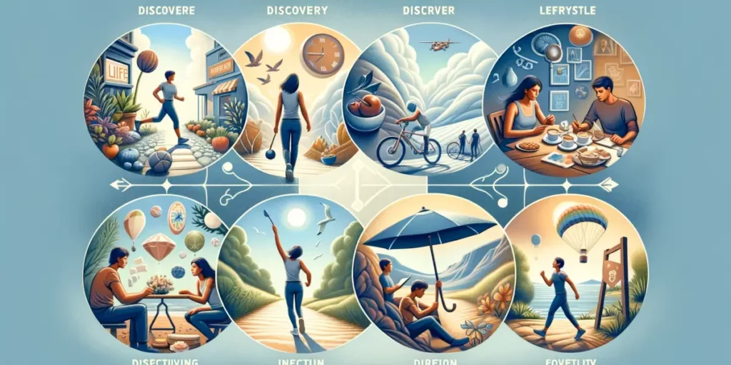 An image depicting the essence of each of the six answers about life guidance. The first section shows a person actively engaging in various activitie