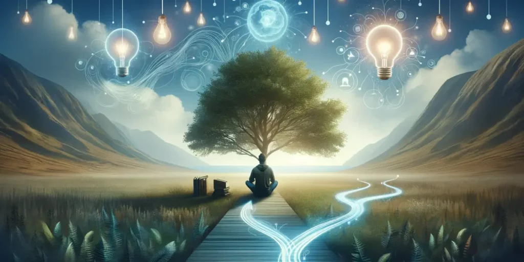 An image illustrating the concept of intuition and insight for a practical guide to successful decision-making. The scene includes a serene landscape