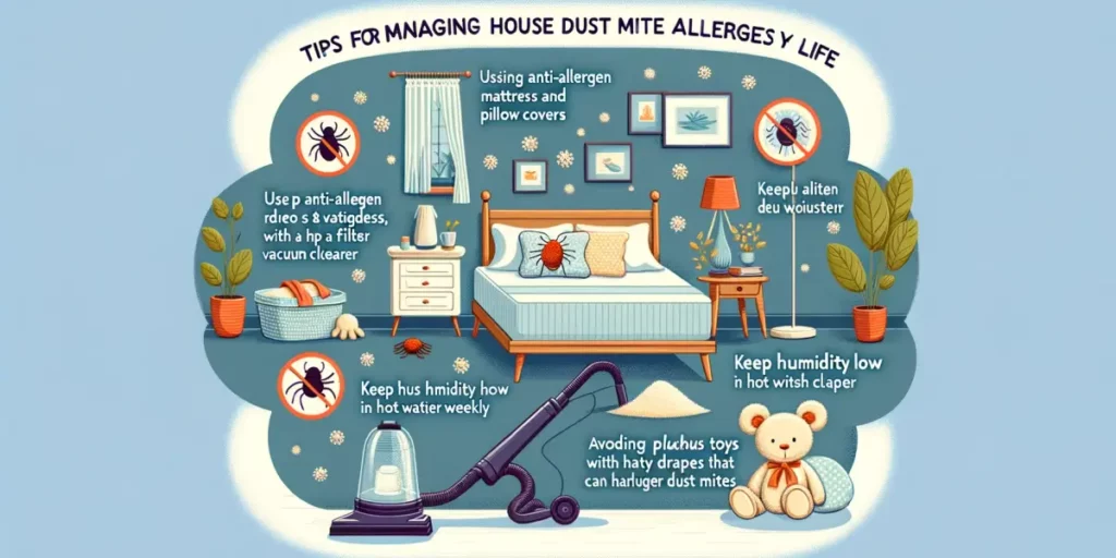 An informative illustration depicting tips for managing house dust mite allergies in daily life. The image should include various elements such as usi