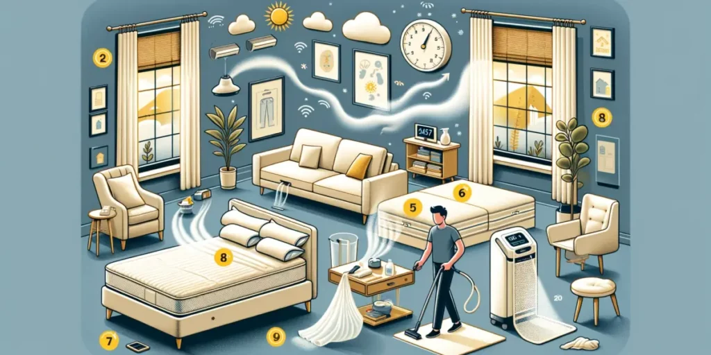 An informative visual guide showing various methods to prevent dust mite allergies in a household. The scene is set in a living room, emphasizing the