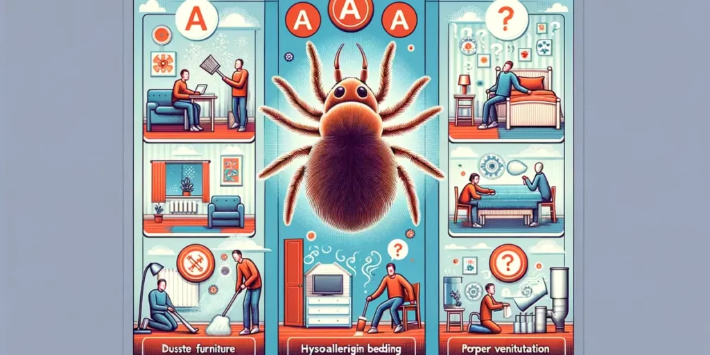An informative widescreen illustration depicting a Q&A session on house dust mite allergy prevention. The image includes a central, detailed illustrat
