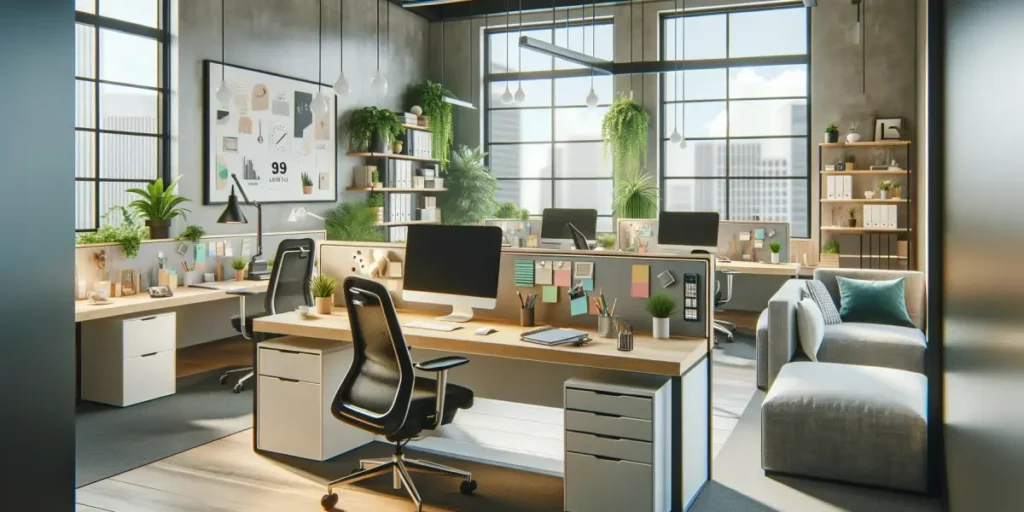 An inspiring office space designed to enhance productivity for working professionals. The scene includes ergonomic furniture, a well-organized desk wi