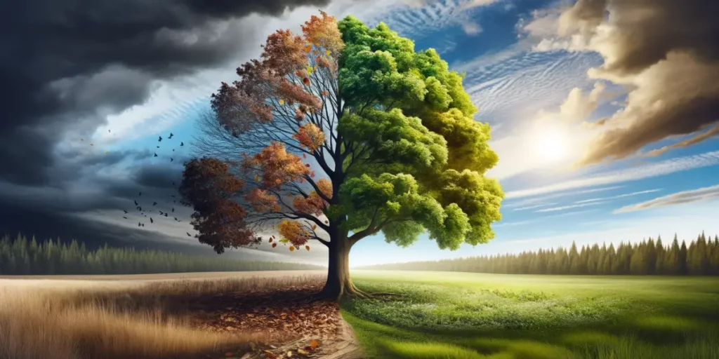 An open landscape under a wide sky, symbolizing acceptance of change. In the center, a single, sturdy tree with leaves of various colors representing