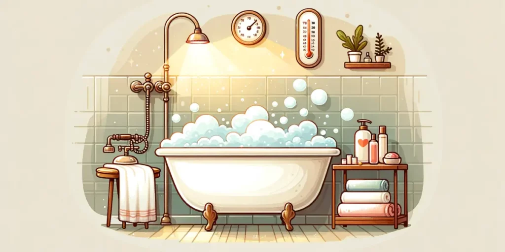 Illustration of a bathroom with a bathtub filled with water and bubbles. The room is steamy, suggesting a hot bath. Next to the bathtub, there's a sma