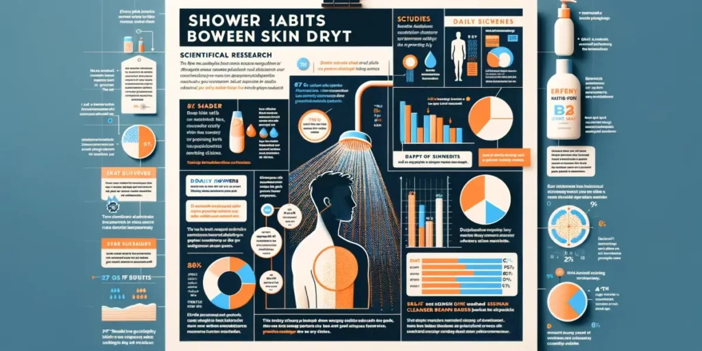 Infographic style image presenting a summary of scientific research on the correlation between shower habits and skin dryness. The infographic include