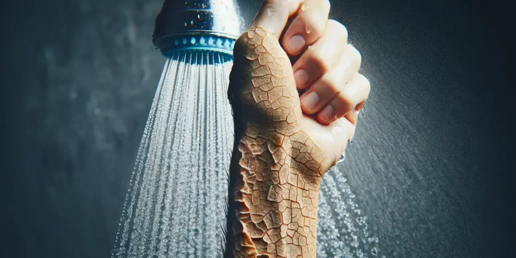 Photo depicting the impact of showering on dry skin. The image shows a close-up of a person's forearm under a shower, with half being exposed to water