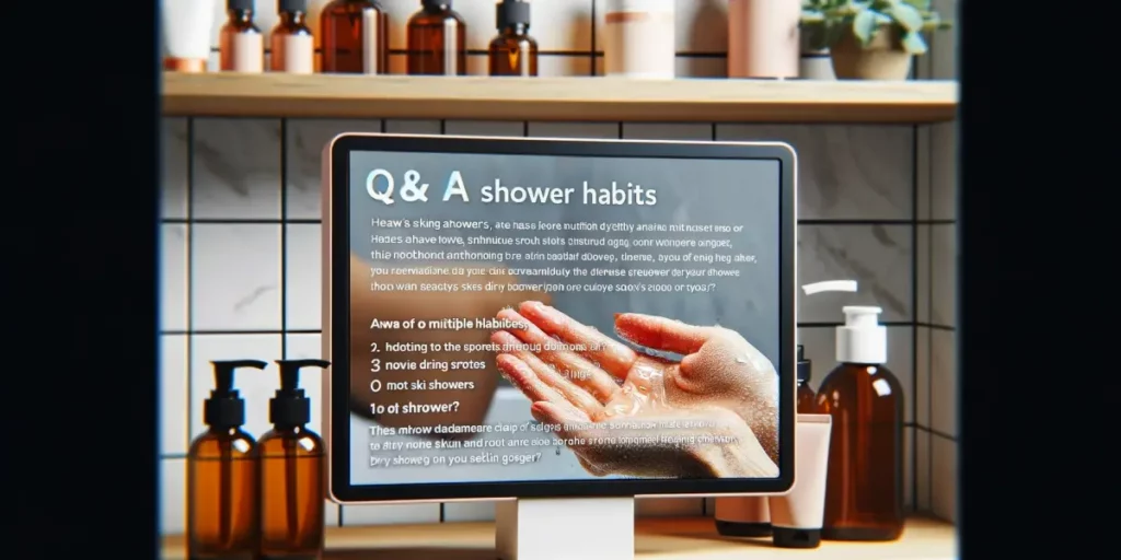 Photo of a bathroom setting with various skincare products lined up on a shelf. In the foreground, there's a digital display showing Q&A text about sh