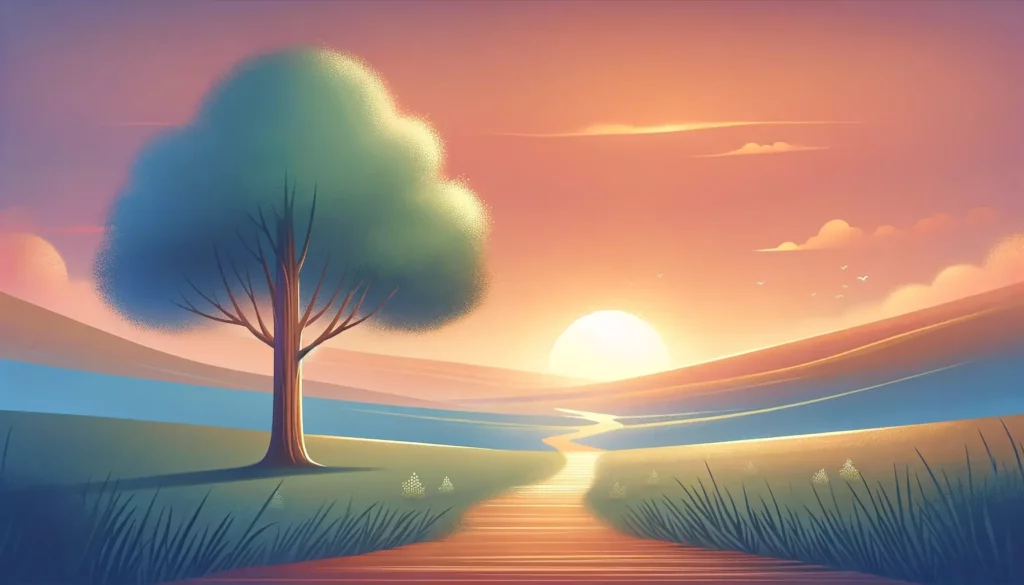 A calming and memorable illustration that visually represents the concept of self-acceptance and confidence. The image features a serene landscape wit